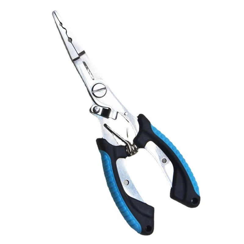 Medium straight mouth multifunctional fishing pliers with hook feature and nylon carrying strap