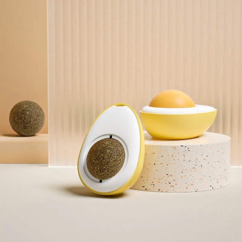 Interactive catnip ball toy for cats in fried egg and poached egg shapes with wall mount feature