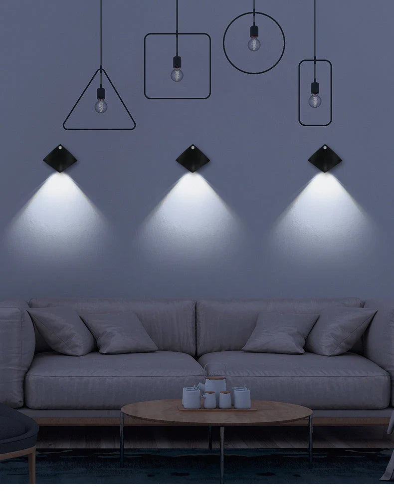 Wireless motion-activated LED wall light with various lighting color and power source options for home decor