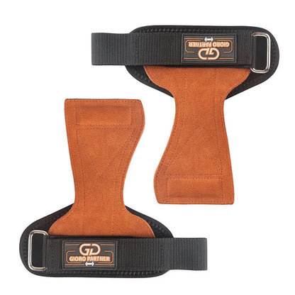 Brown-red cowhide palm protectors for weightlifting with non-slip leather surface
