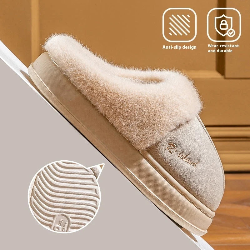 Winter fluffy slippers with non-slip soles in pink, khaki, white, and grey