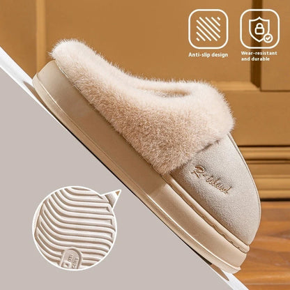 Winter fluffy slippers with non-slip soles in pink, khaki, white, and grey
