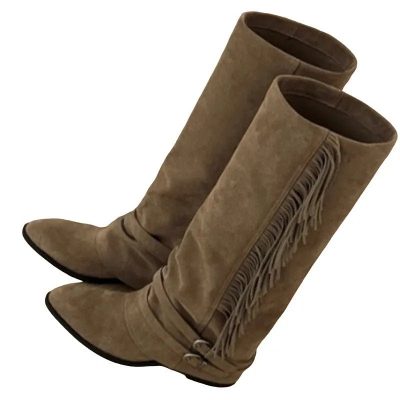 Women's khaki suede cowboy boots with belt buckle and long tassel, mid heel, round toe, sizes 35-42