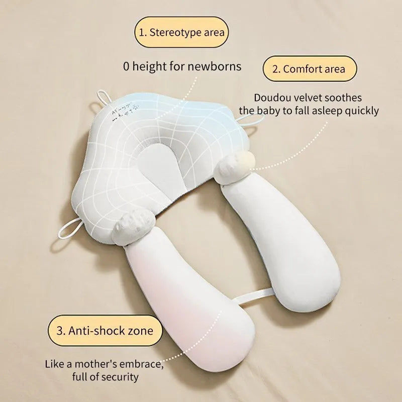 U-shaped baby head pillow in pure cotton, shown in blue and pink colour options.