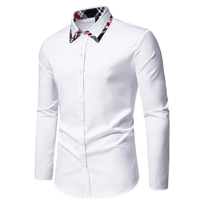 Men's casual shirt with triangle collar and plaid contrast detailing in chemical fibre blend fabric