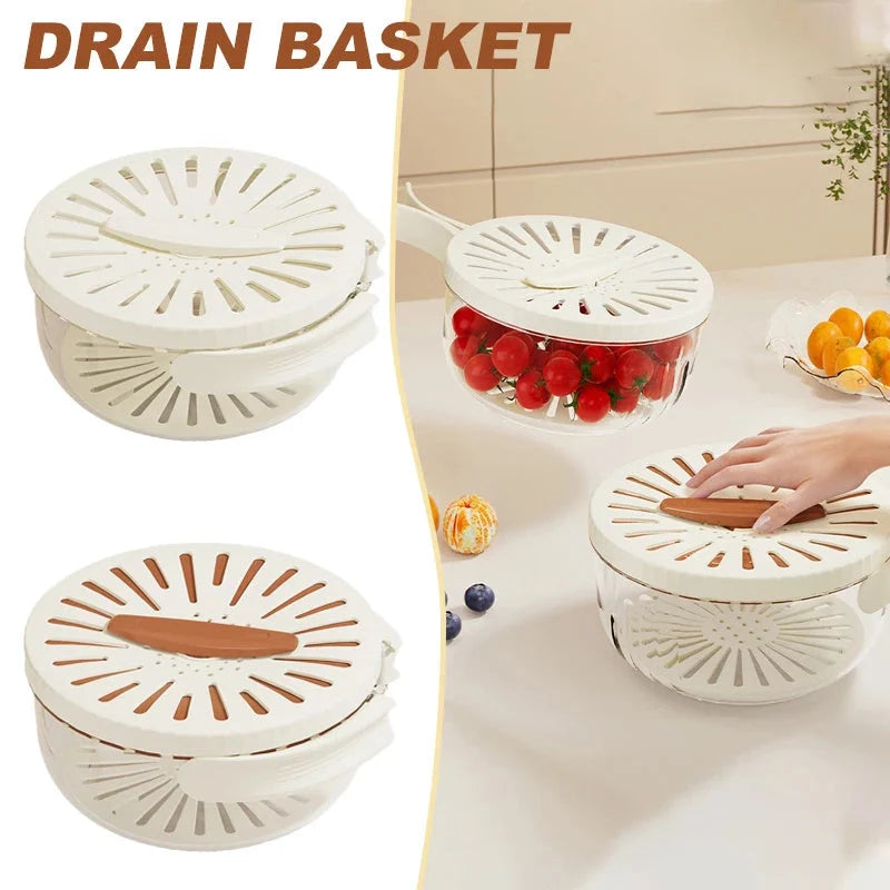 Foldable handle fruit drain basket with lid for efficient vegetable washing