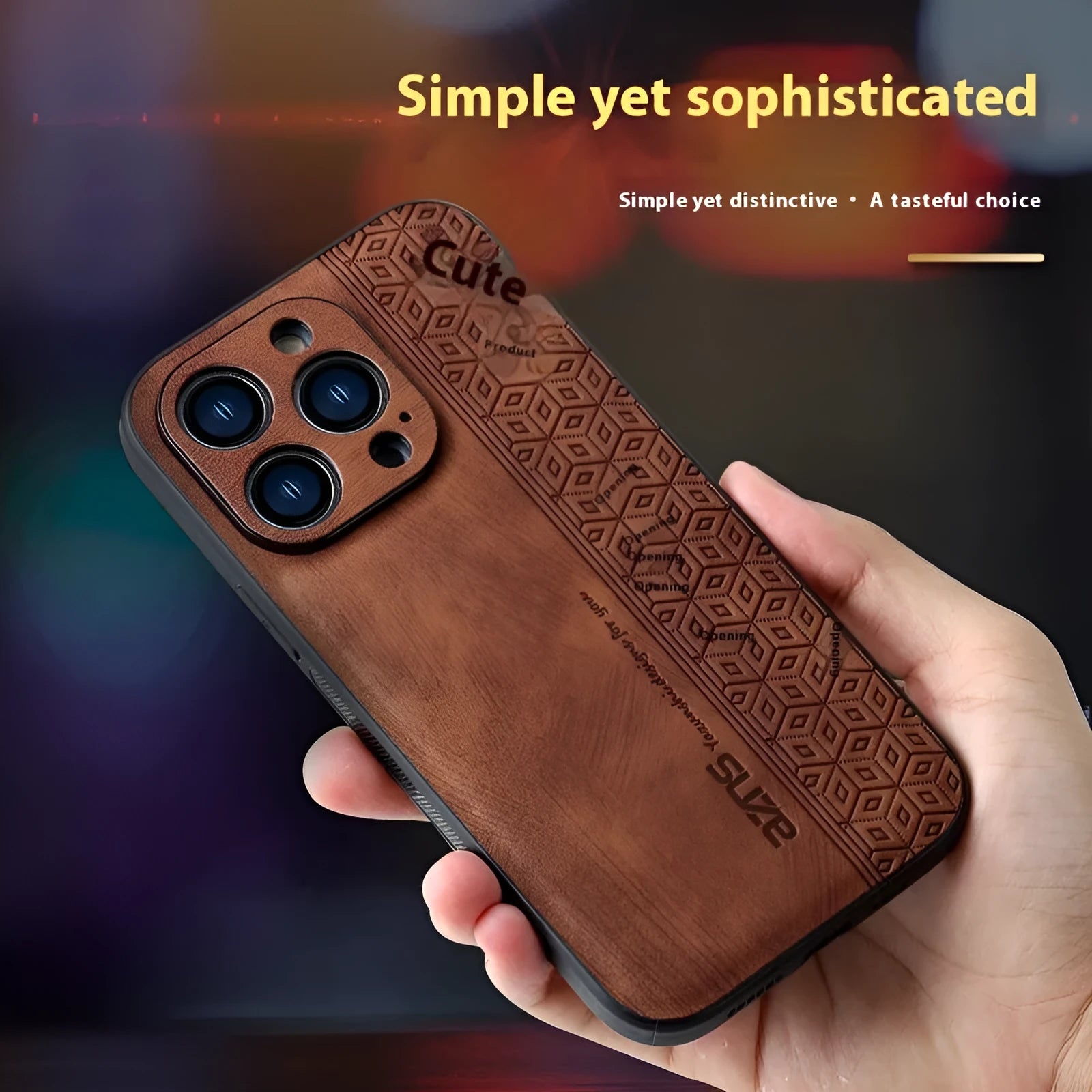 Imitation leather phone case with embossed pattern in blue for Apple iPhone, showing textured surface and cutouts