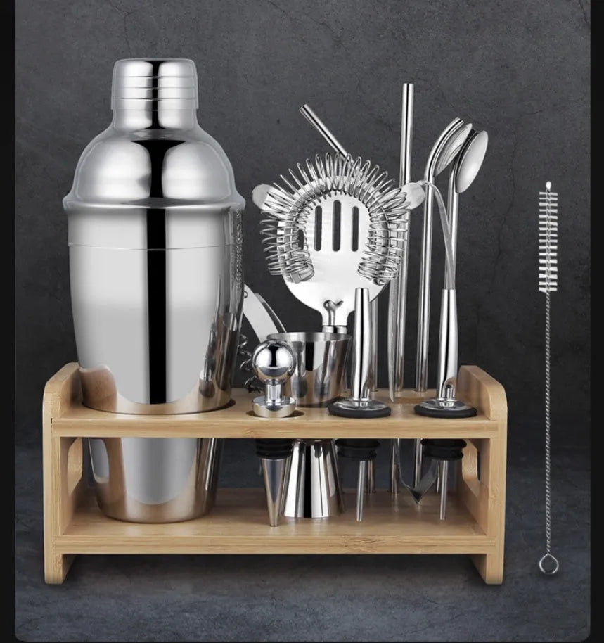 23-piece stainless steel and acrylic cocktail set with shaker and bar tools