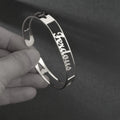 Custom name bracelet in stainless steel, silver finish, medium width, personalised engraving