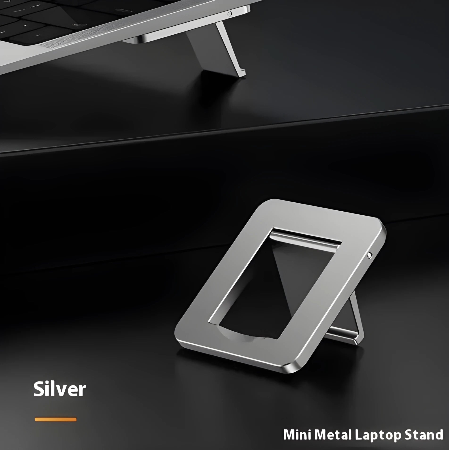 Foldable aluminium computer bracket shown in silver next to 3M adhesive strips for mounting