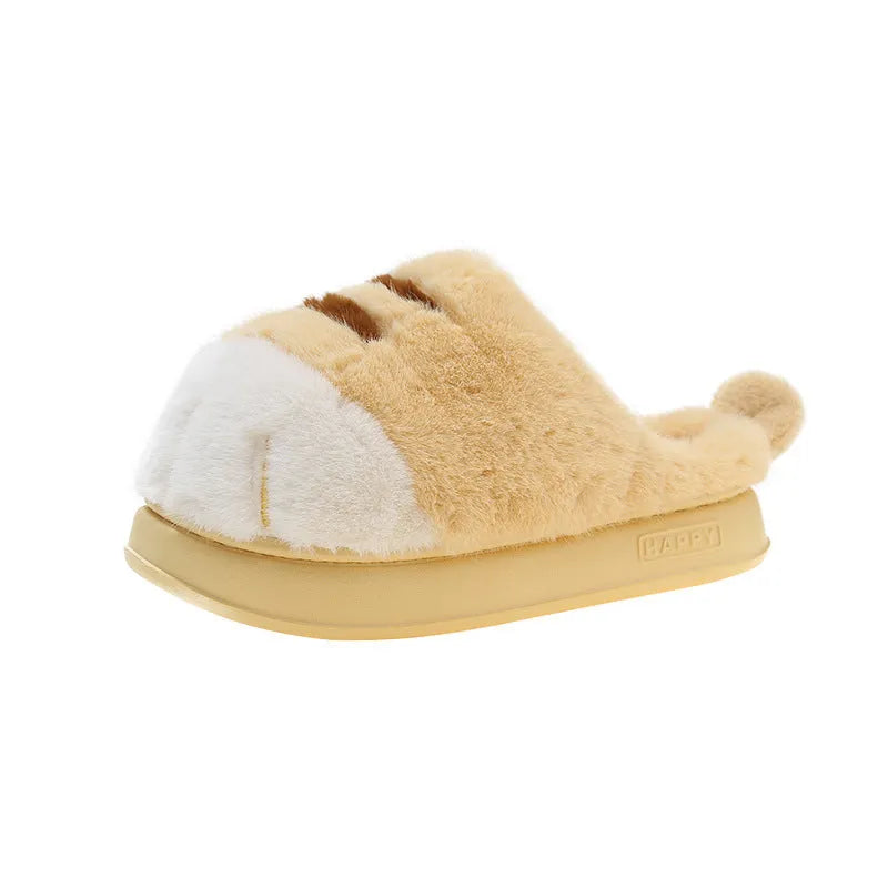 Women's fluffy fleece cartoon toe cover slippers in solid colour with rubber sole