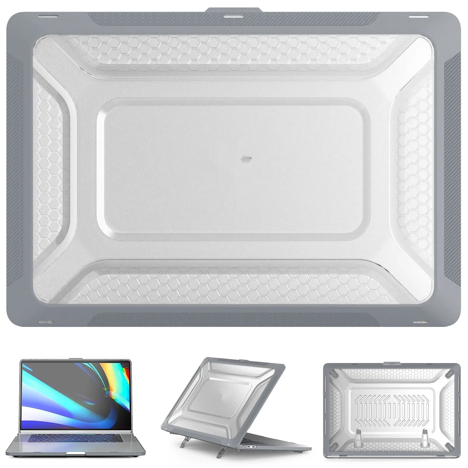 Hard protective shell case for MacBook laptop in cool black, starry grey, apricot, and blue colour options.