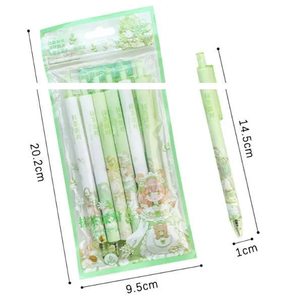 Set of six 0.5mm neutral pens with plastic cases and stainless steel nibs in matcha party and other patterns