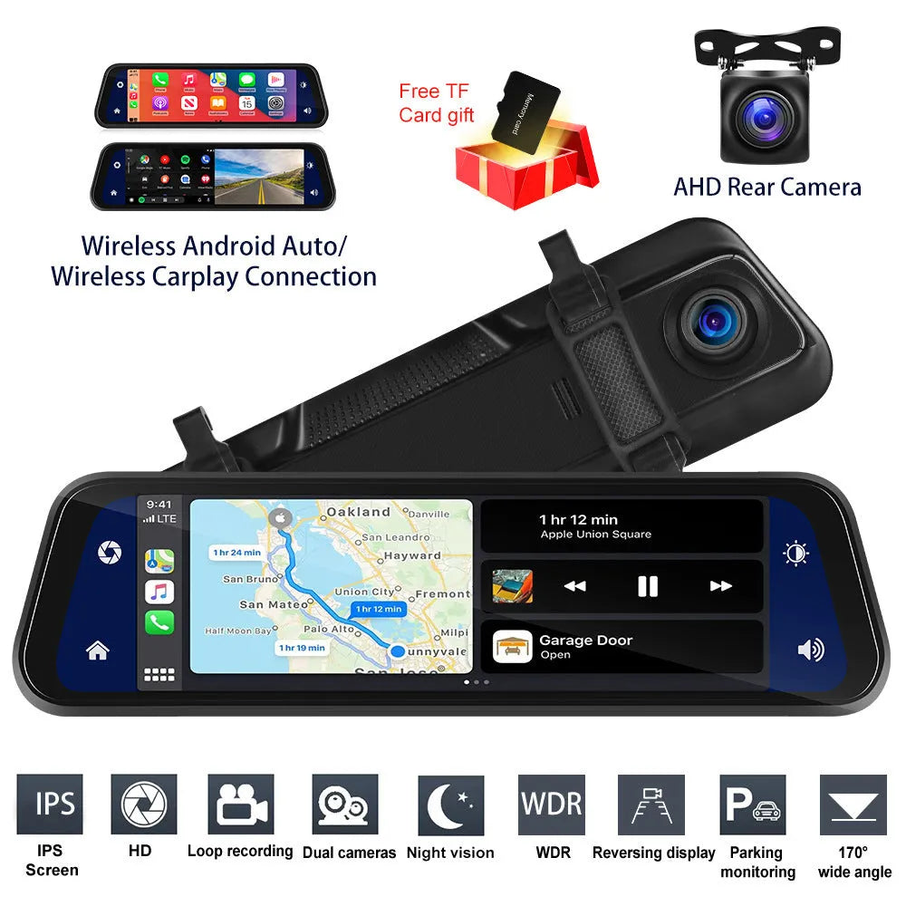 9.66-inch HD in-mirror car dash cam and video player with reverse camera and mounting brackets