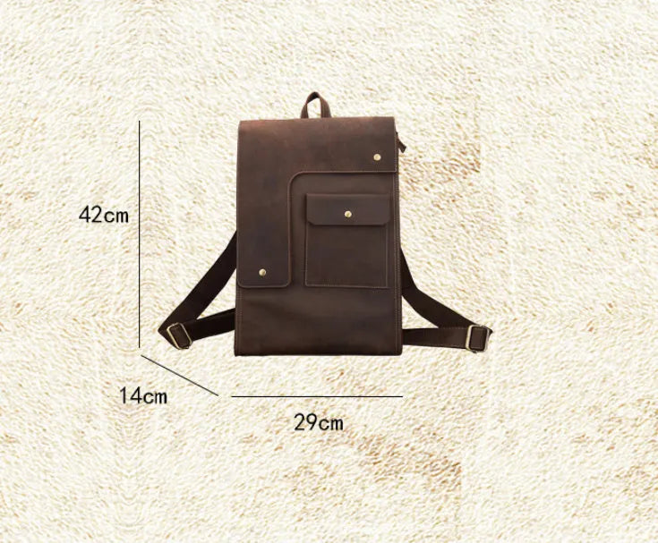Dark brown genuine leather men's travel bag with retro style, showing three-dimensional pockets and shoulder straps.