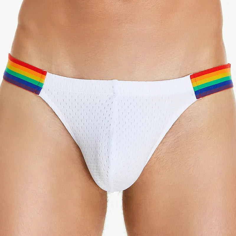 Men's nylon mesh briefs with rainbow waistband in black, white and dark blue colours