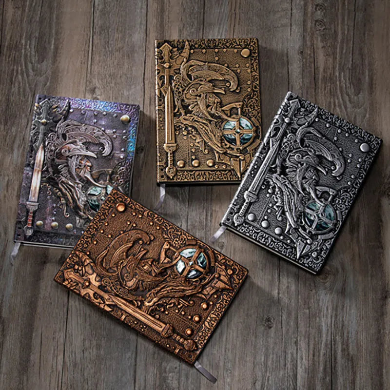 Handmade leather A5 notebook with embossed 3D Warriors relief design, shown open.