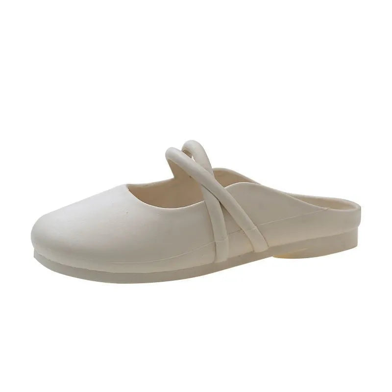 Women's plastic toe cap flip flop sandals in green, black, and beige colours on a summer background