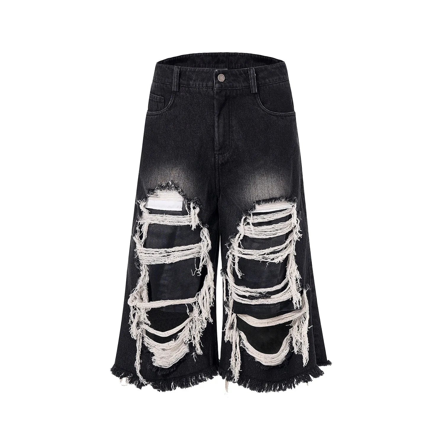 Black wide-leg cropped jeans with a ripped patch detail on the leg, showing a mid-high waist and loose fit.