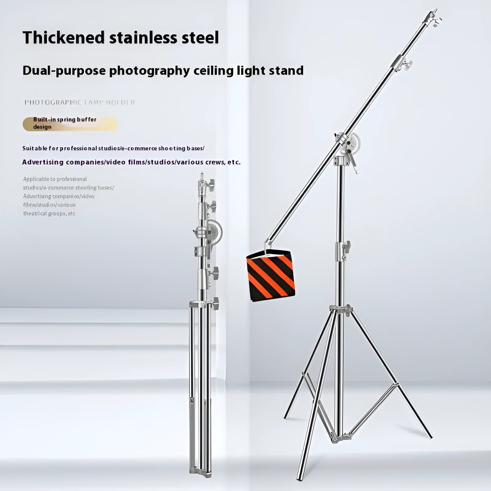 Silver stainless steel adjustable ceiling lamp rack with cross arms at maximum 380cm height
