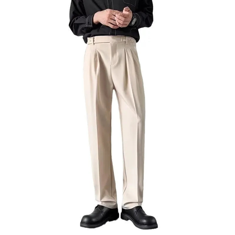 Men's straight-leg loose fit trousers in apricot colour on a hanger