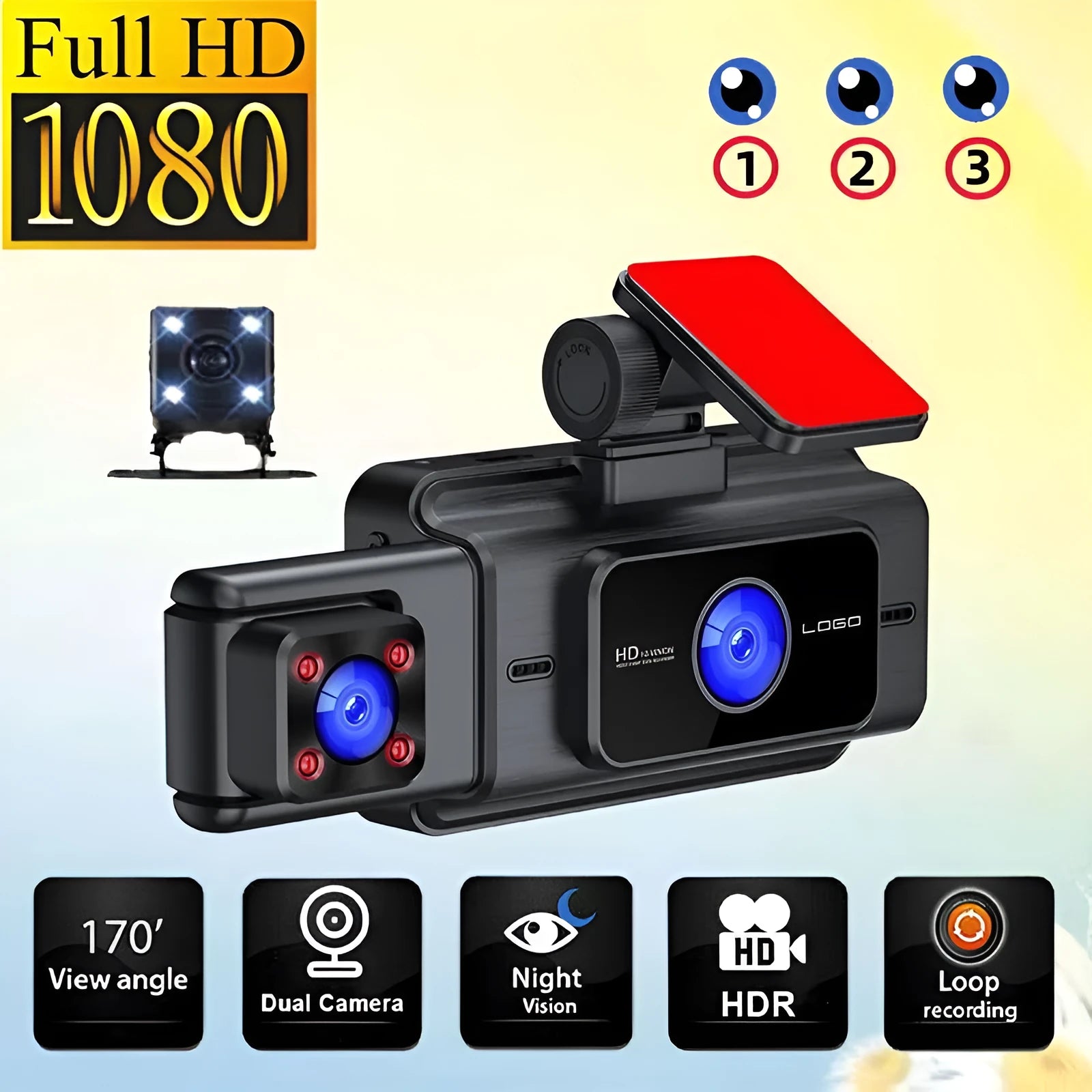 Black 3 lens car dash cam mounted on windshield with 3.0 inch screen