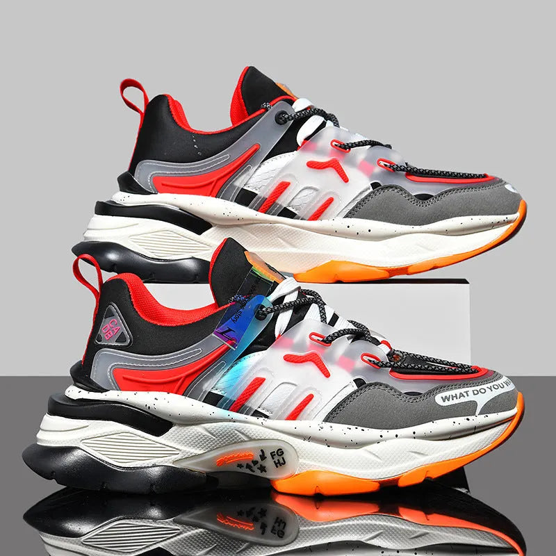 Men's dad shoes Korean style low-top TPU popcorn sole leather upper running sneakers in white and gray