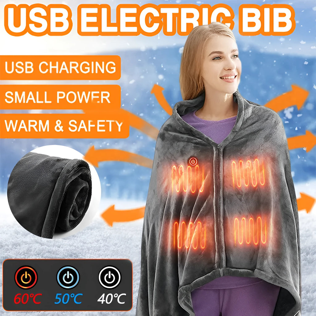 Dark grey USB electric heated blanket made from coral fleece, shown with a USB cable.