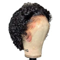 Black human hair lace front pixie wig in colour 13x1 on a stand.