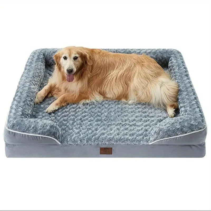 Waterproof dog kennel mat with removable cover in light grey, shown in a large dog crate.