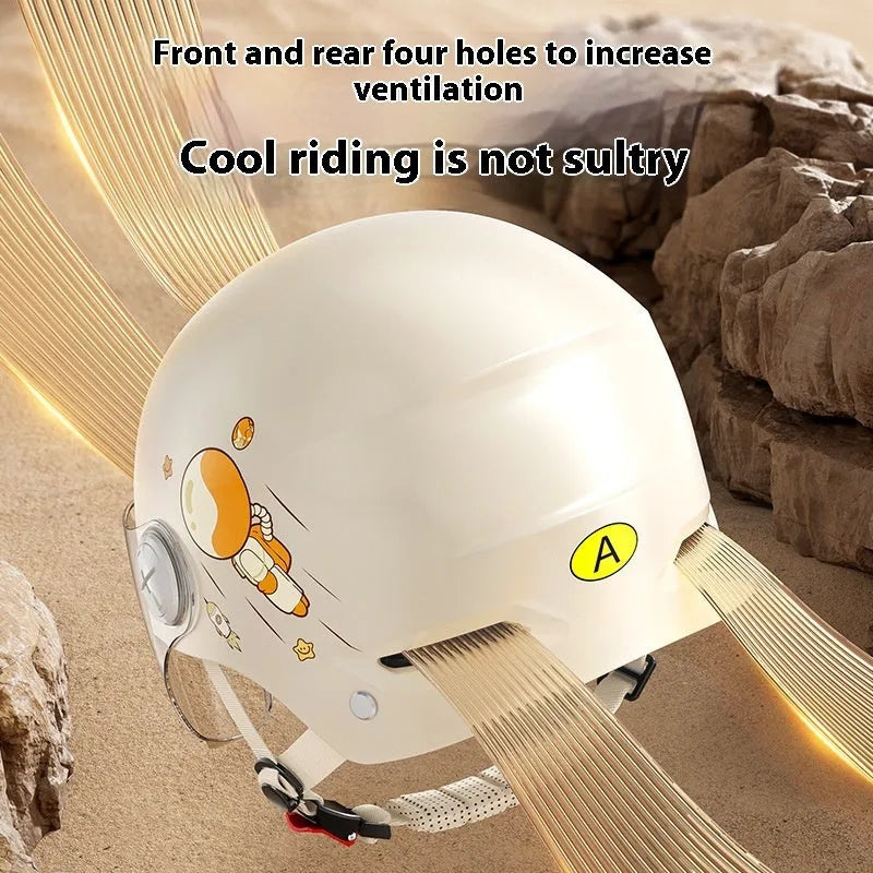 Khaki coloured motorcycle half helmet for adults on a white background, showing the ABS shell and short glasses attachment.