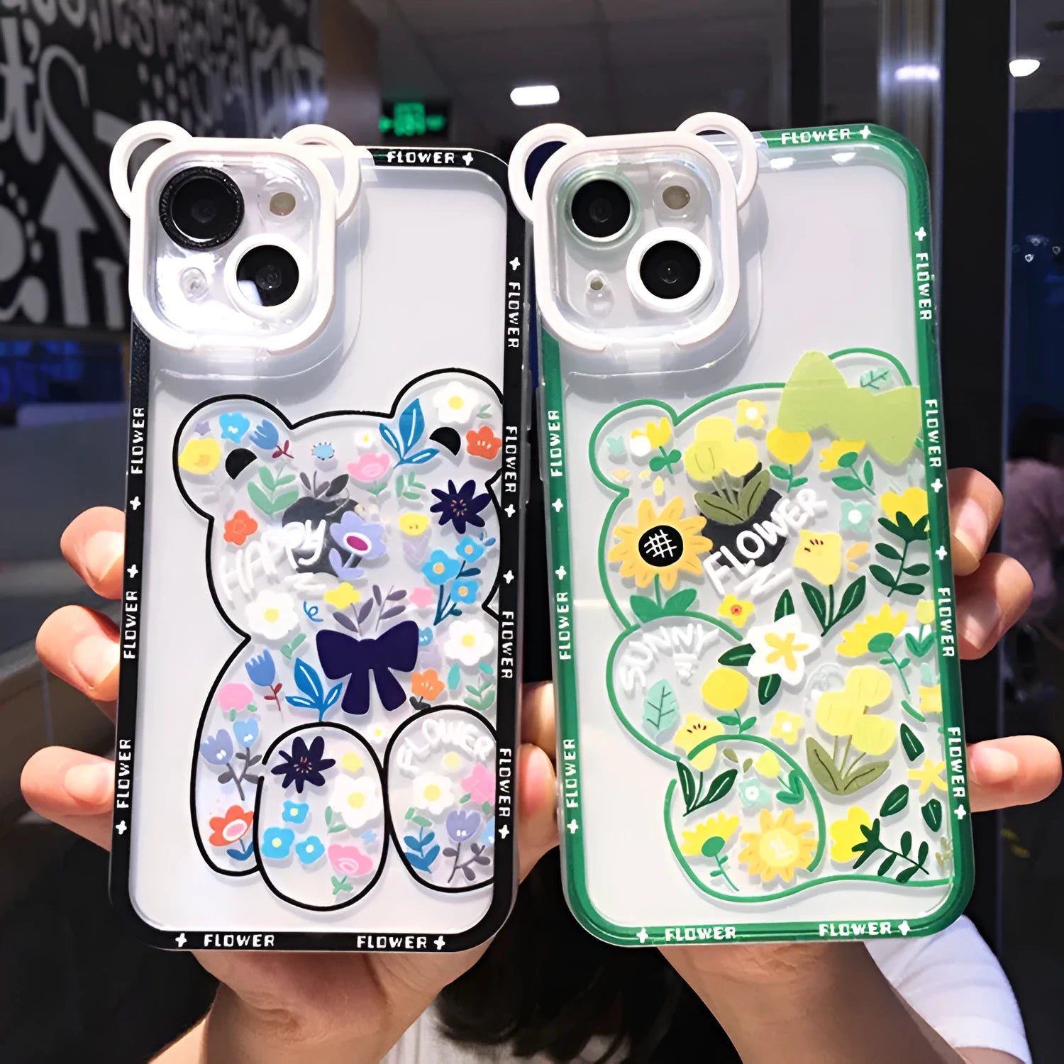 Hand-painted TPU phone case with cartoon bear and flower holder in black and green for Apple iPhone
