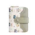 Short cartoon printed women's wallet in PU with sewing thread detail, horizontal square shape