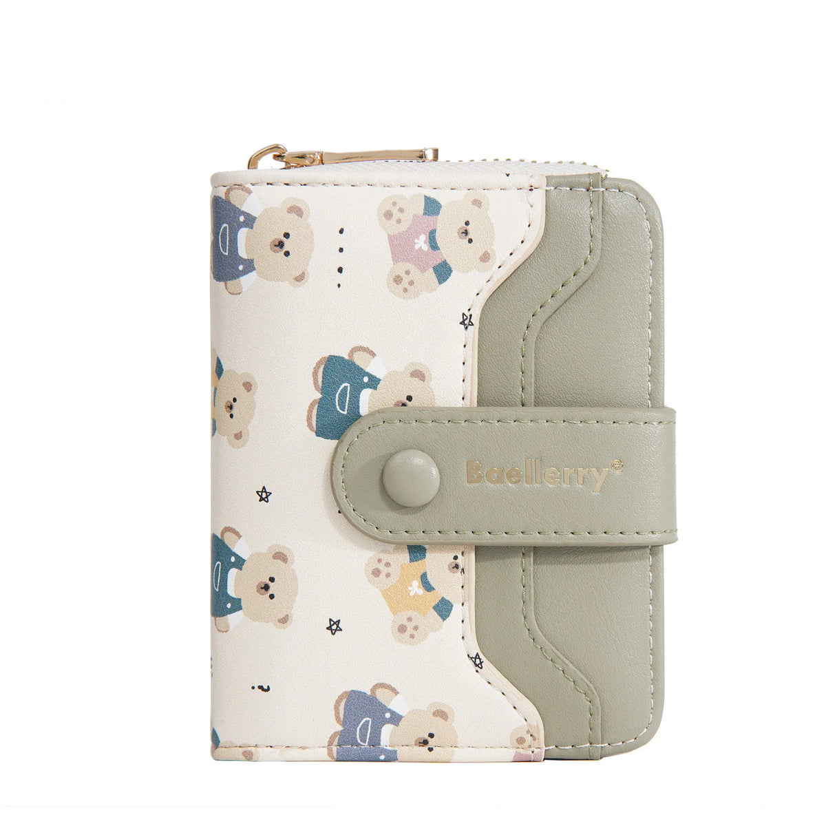 Short cartoon printed women's wallet in PU with sewing thread detail, horizontal square shape