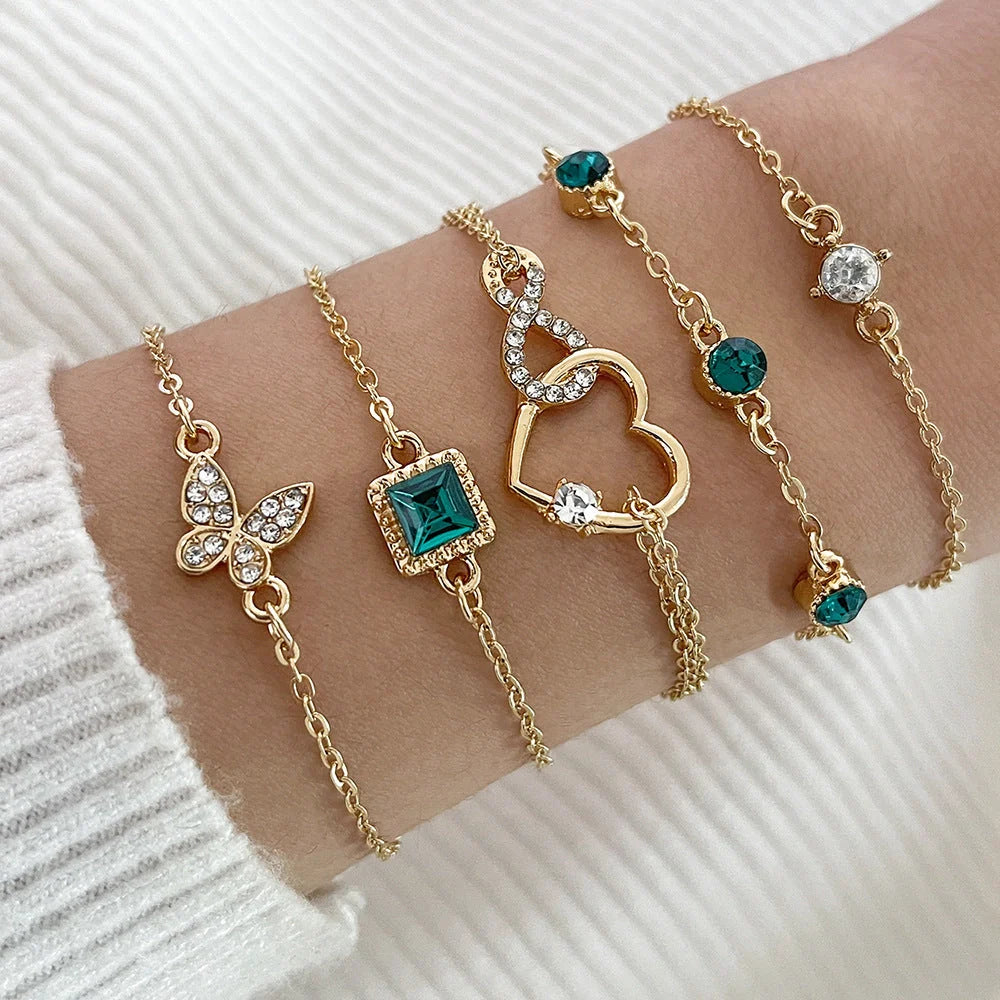 Bohemian green crystal heart bracelets set for women