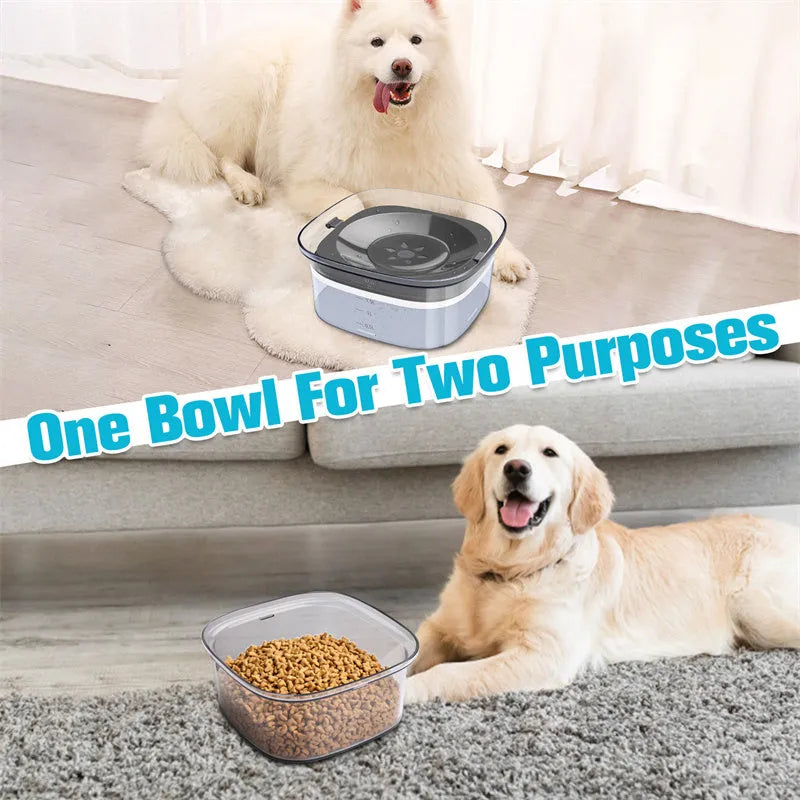 Transparent plastic dog water bowl with floating slow-feeder disk inside.