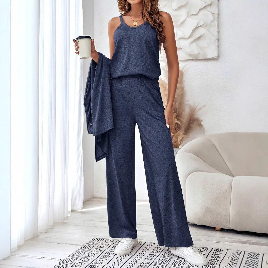 Women's blue polyester three-piece casual suit with top, cardigan and trousers in Japanese Korean style