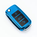 VW Model A folding key case in blue, holding three keys with a visible buckle closure.