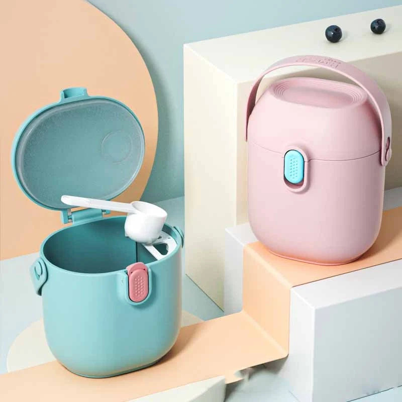 Large portable airtight baby milk powder container with scoop in blue, green, and pink