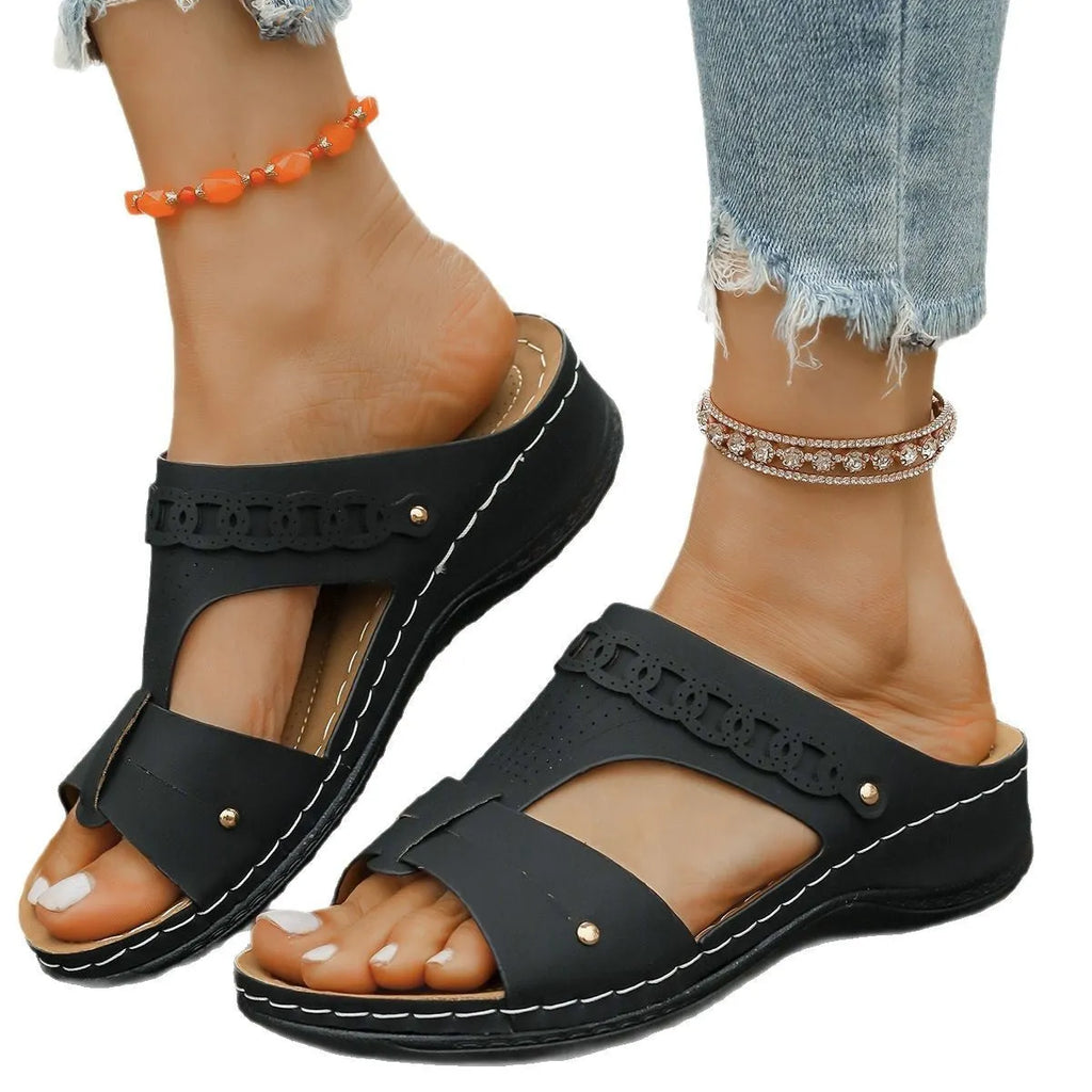 Roman style slope heel slippers with fish mouth toe holder in six colour options