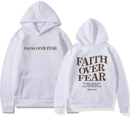 Inspirational Christian hoodie with 'Faith Over Fear' graphic in various colors