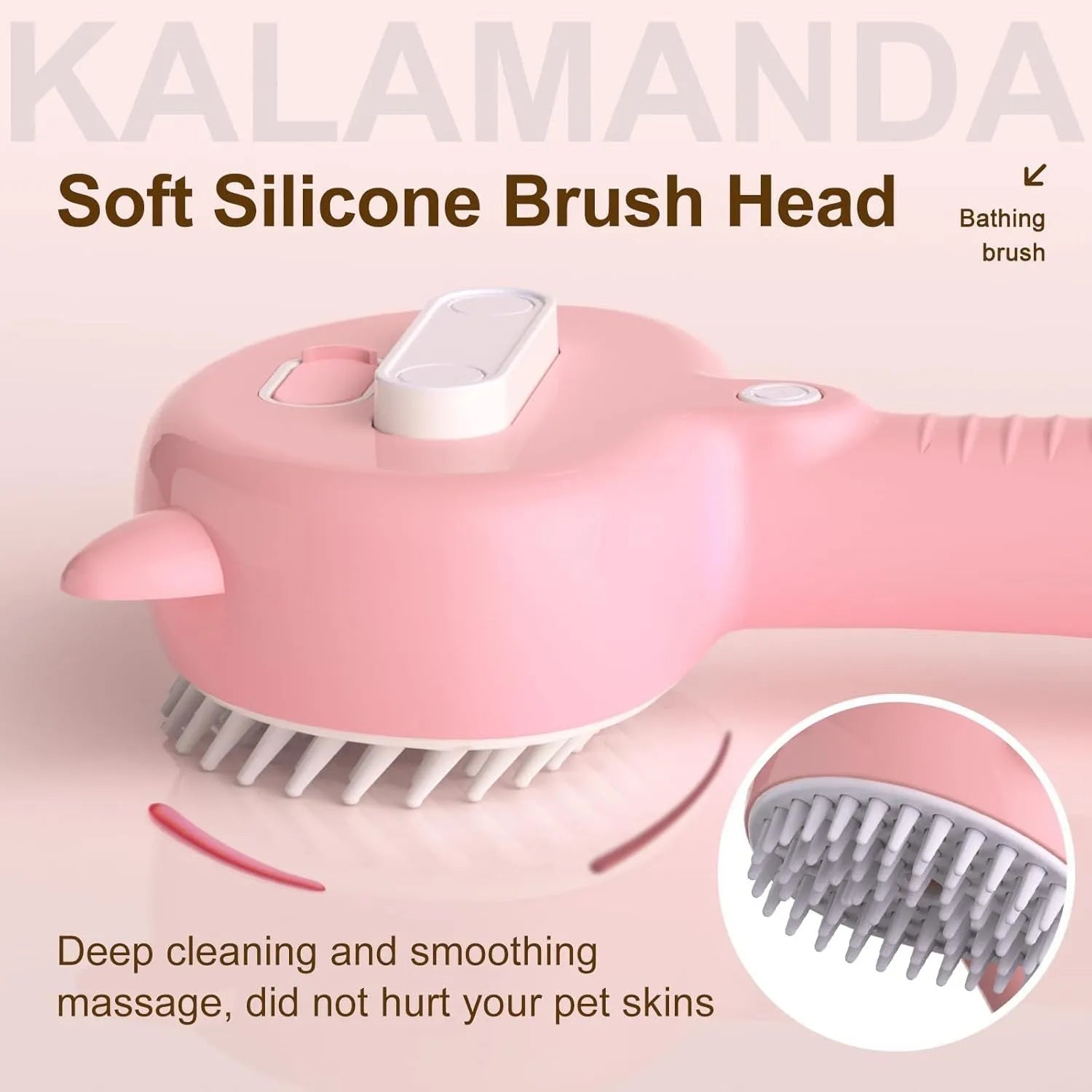 Blue pink yellow 4-in-1 pet steam brush with cat ear-shaped handle and release button