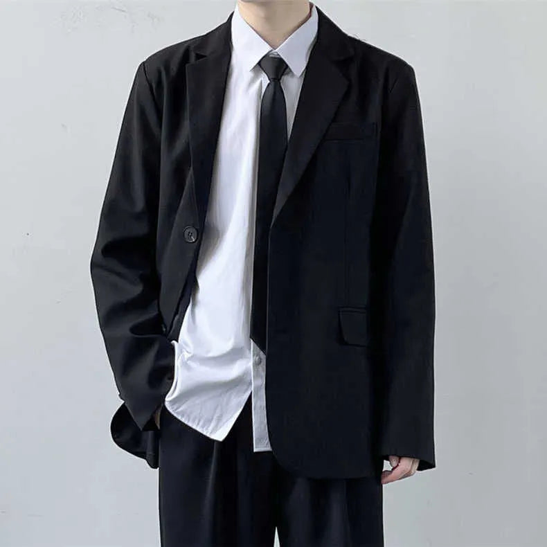 Plus size men's college style blazer and trousers suit set with white shirt and tie on hanger