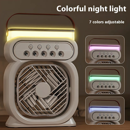 Black 3-in-1 portable USB air cooler with 7-colour LED lights, 170x75x240mm, showing water tank and speed controls