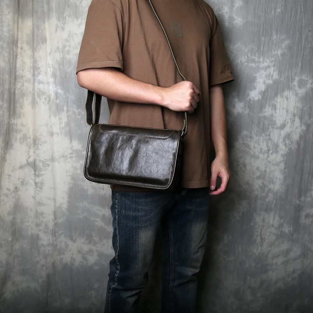 Men's genuine leather crossbody shoulder bag handmade top grain leather solid colour patchwork olive green casual travel