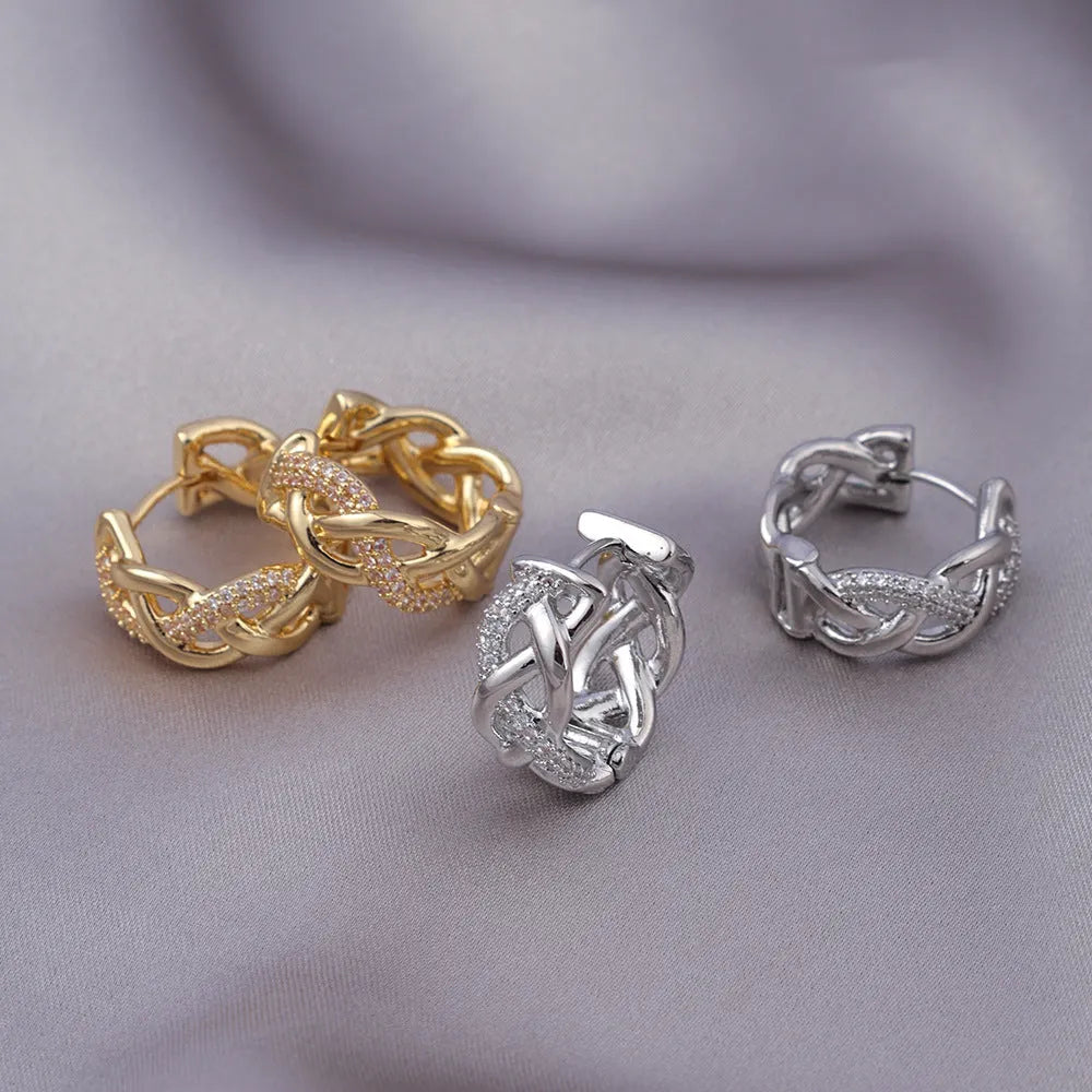 Micro zircon stud earrings with woven twisted gold design real gold plating on copper geometric shape