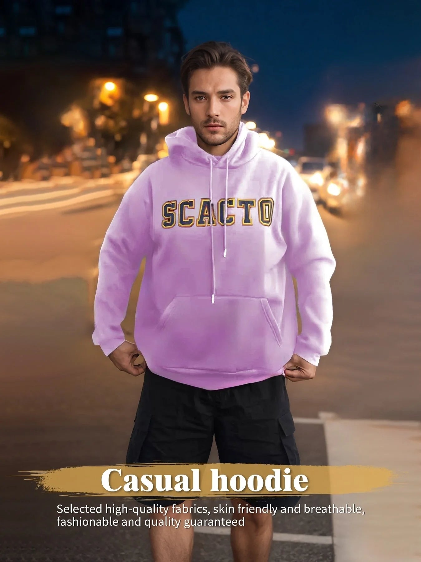 Printed cotton hoodie for men and women in black, khaki, and purple, sizes S-XXL