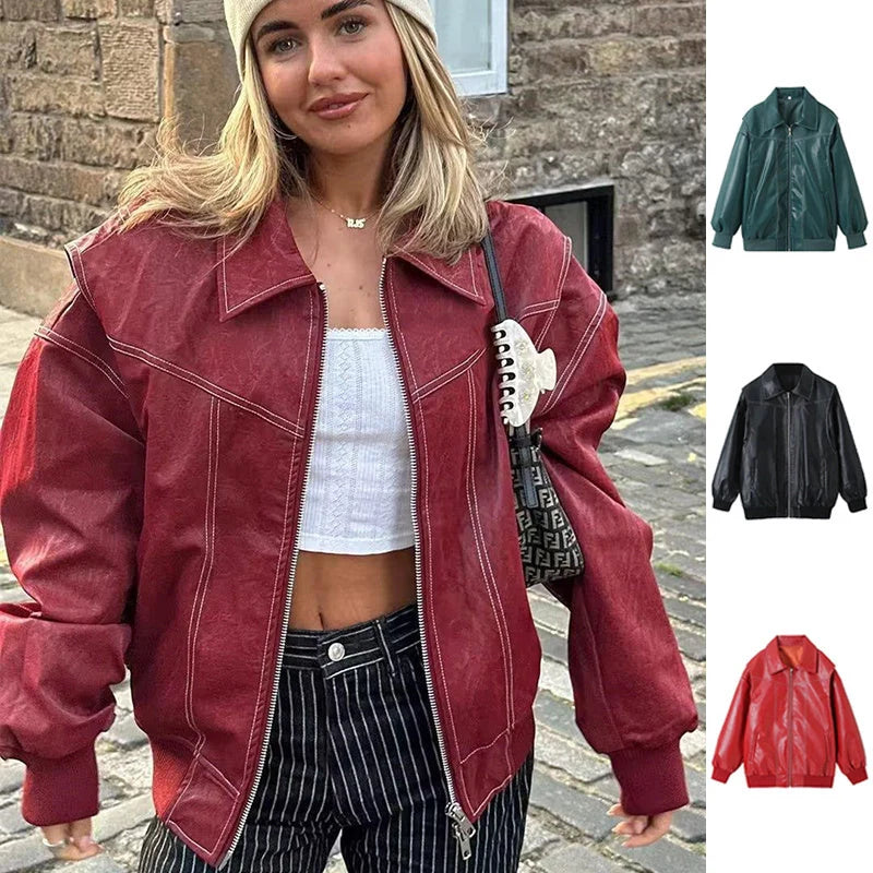 Women's Loose Fashion Lapel Zip-up Jacket in wine red, black, and green with princess sleeves