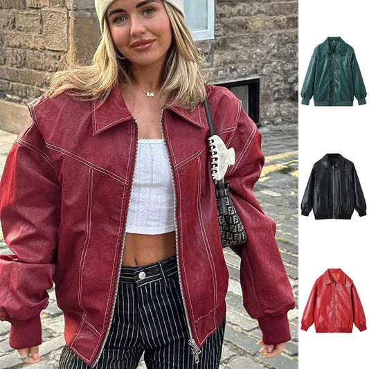 Women's Loose Fashion Lapel Zip-up Jacket in wine red, black, and green with princess sleeves