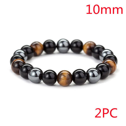 Hand-woven tiger eye stone bracelet in natural colours, showcasing unique texture and geometric design.